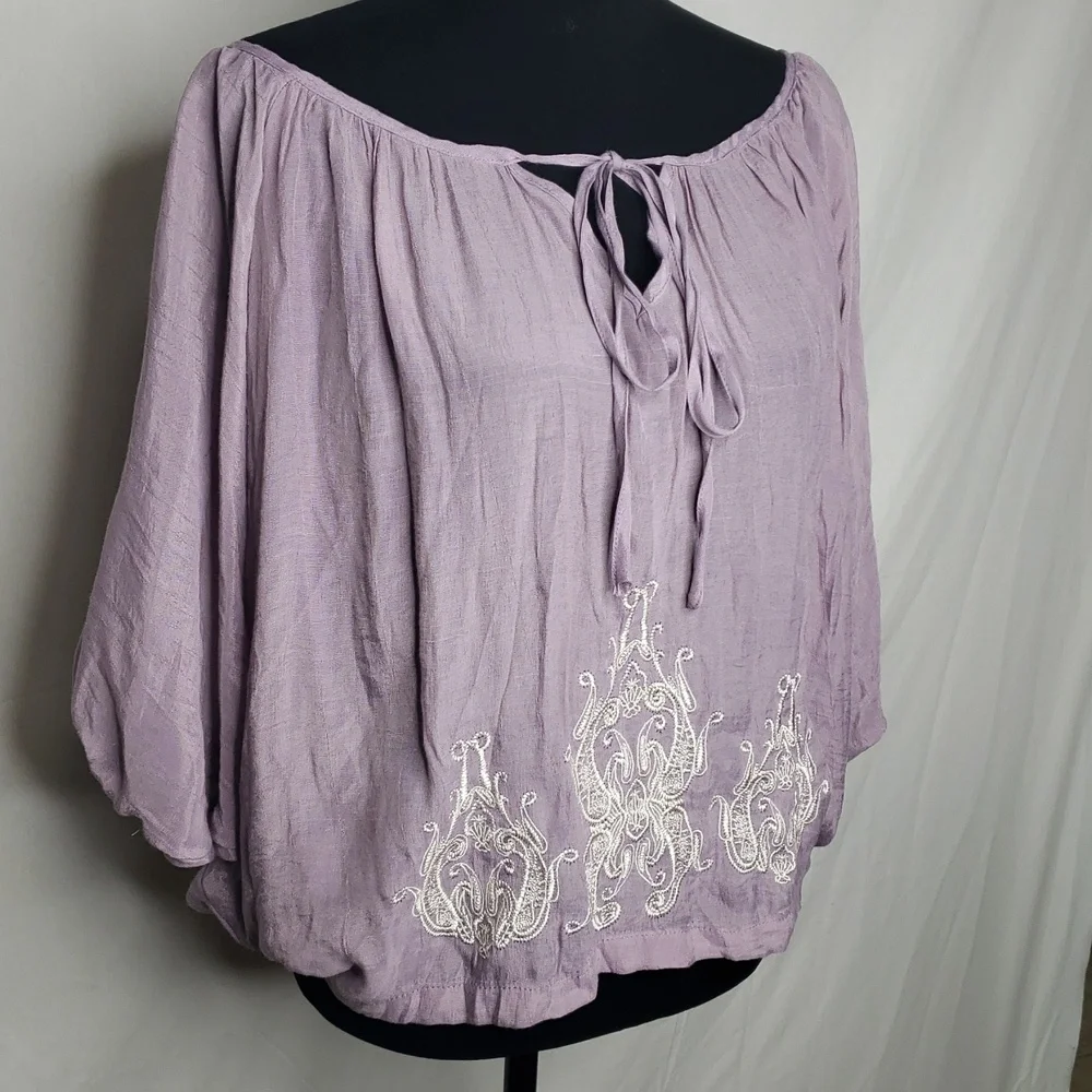 Gemstone Boat Neck Embroidered Lantern Long Sleeves Blouse Top Size M Bohemian